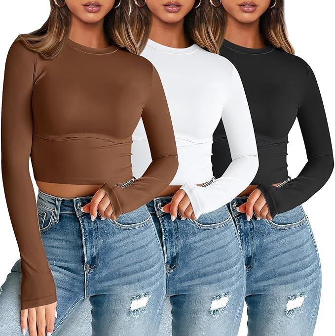 AUTOMET 3 Pack Womens Long Sleeve Shirts Y2K Going Out Crop Tops Cute Basic Slim Fitted Fall Fash... | Amazon (US)