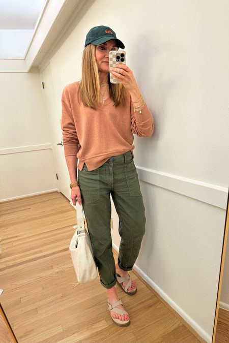 Errands day spring outfit! Clare V ciao baseball hat, Anthropologie Pilcro olive pants, mephisto sandals, kohls white slouchy bag

#LTKfindsunder100 #LTKover40 #LTKstyletip