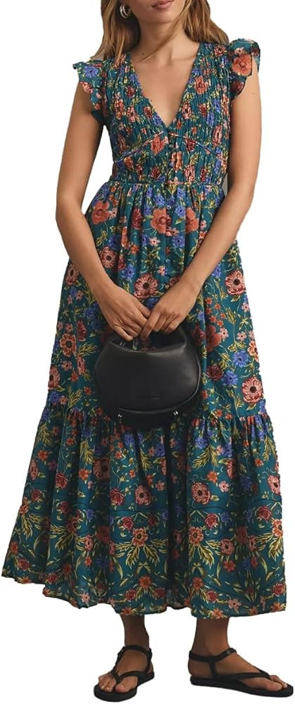 Women Boho Floral Maxi Dress Ruffle V Neck Tiered Dress Flutter Sleeve Smocked Flowy Dresses Summ... | Amazon (US)