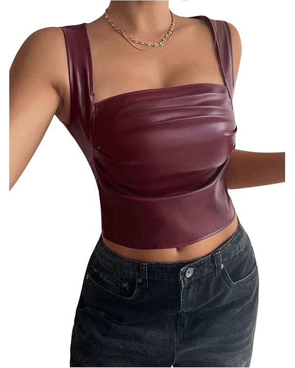 SOLY HUX Women's PU Leather Square Neck Tank Tops Sleeveless Slim Fitted Party Club Crop Top | Amazon (US)