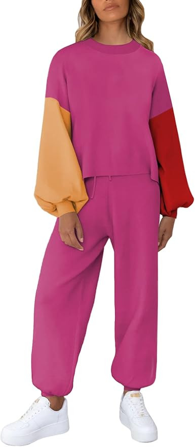 Viottiset Women's 2 Piece Outfits Sweatsuit Casual Knit Pullover Sweater Pajamas Lounge Set | Amazon (US)
