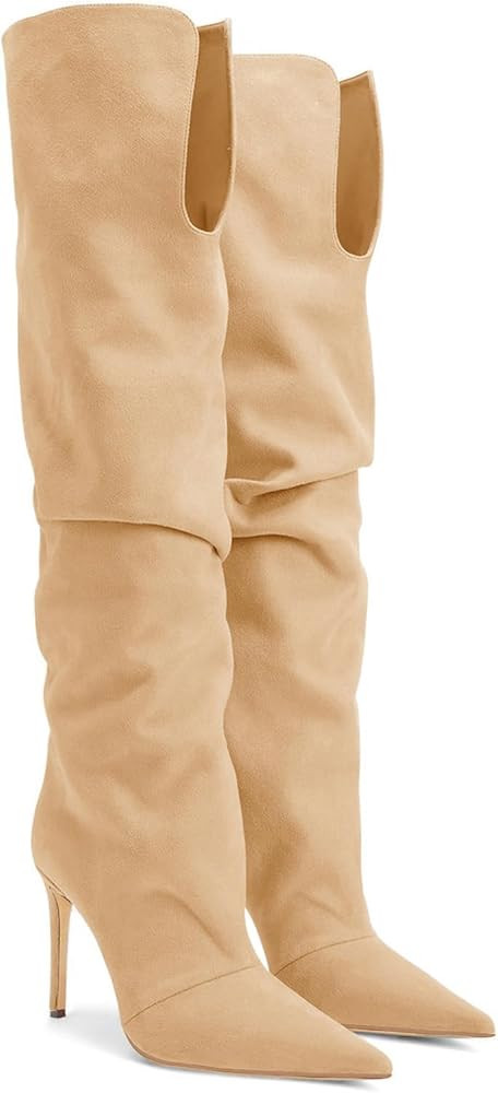 Coutgo Womens Slouchy Knee High Boots High Heel Pointed Toe Sexy Stiletto Pull on Tall Boots Wint... | Amazon (US)