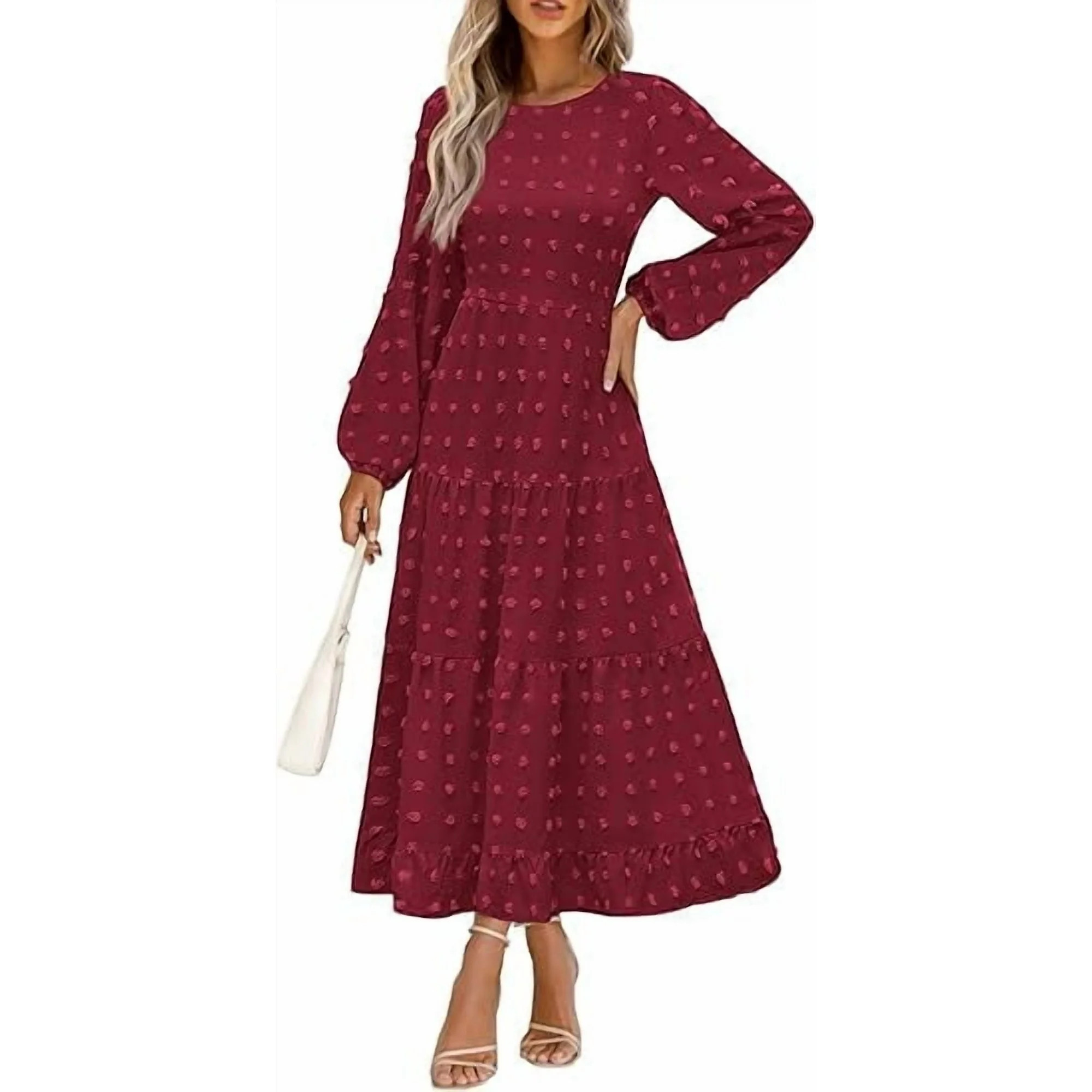 PRETTYGARDEN Women's Fall Spring Elegant Long Sleeve Maxi Dress Swiss Dot A Line Flowy Casual Hol... | Walmart (US)