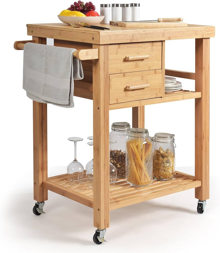 SILKYDRY Kitchen Island, Rolling Butcher Block Kitchen Cart on Wheels, Bamboo Kitchen Trolley wit... | Amazon (CA)