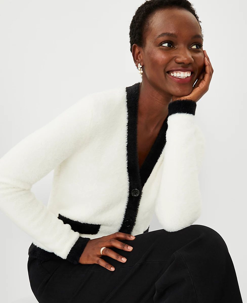 Tipped Fuzzy Pocket Cardigan | Ann Taylor (US)