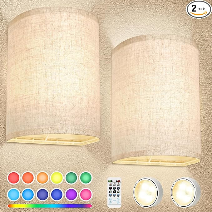 Battery Operated Wall Sconces Set of Two, 18 RGB Colors Stick on Wall Lights with Remote, Changea... | Amazon (US)
