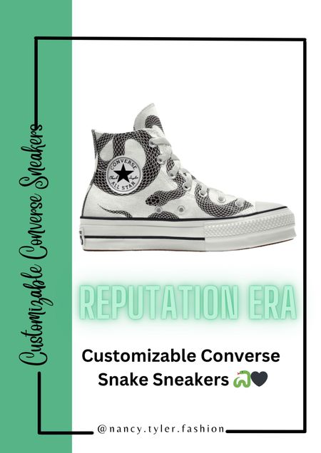 Customizable Converse Snake Sneakers! Would totally work for Taylor Swift’s Reputation Era! 🐍✨🖤 The shoes are linked below (both the regular and platform versions) even though the platform version is showing a lavender color (you can customize this to the snake pattern). 

Taylor Swift Reputation, Taylor Swift Eras Tour, Taylor Swift Reputation (Taylor’s Version), Taylor Swift concert outfit ideas, Taylor swift sneakers, Taylor Swift Chucks, Taylor Swift Converse, Teen girls gift ideas, Taylor Swift Reputation outfit ideas, Taylor Swift concert, Taylor Swift shoes, Taylor Swift outfit ideas 

#LTKFestival #LTKStyleTip #LTKFindsUnder100