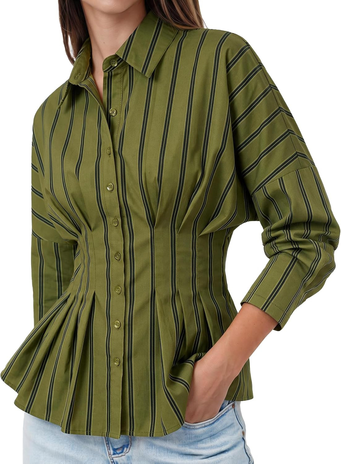Tankaneo Womens Striped Button Down Shirt Cinched Waist Office Blouse | Amazon (US)