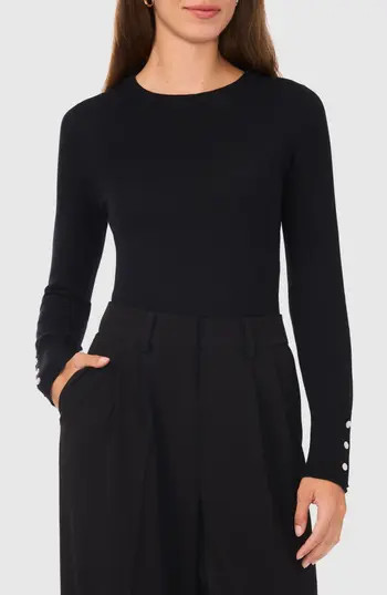 Halogen® Button Cuff Cotton Blend Sweater in Rich Black 060 at Nordstrom Rack, Size Medium | Nordstrom Rack