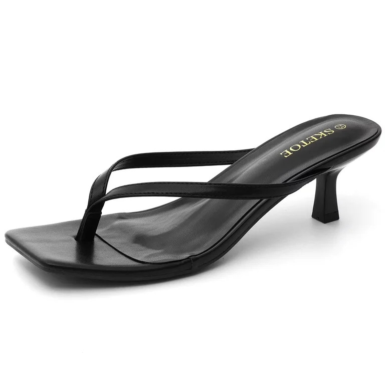 Kitten Heels for Women Square Toe Sandals Flip Flop Heels Thong Sandals 2 Inch Heels Sandals Blac... | Walmart (US)