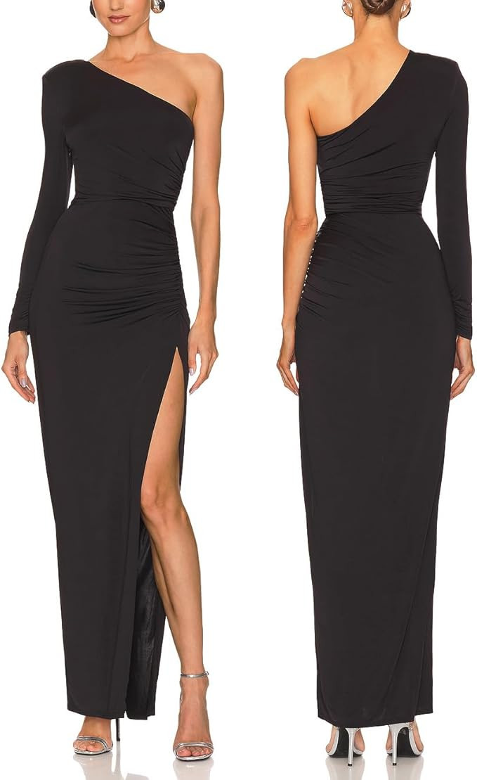 Aigeman Womens One Shoulder Long Sleeve Maxi Dress Bodycon Ruched Split Thigh Formal Dress 218 | Amazon (US)