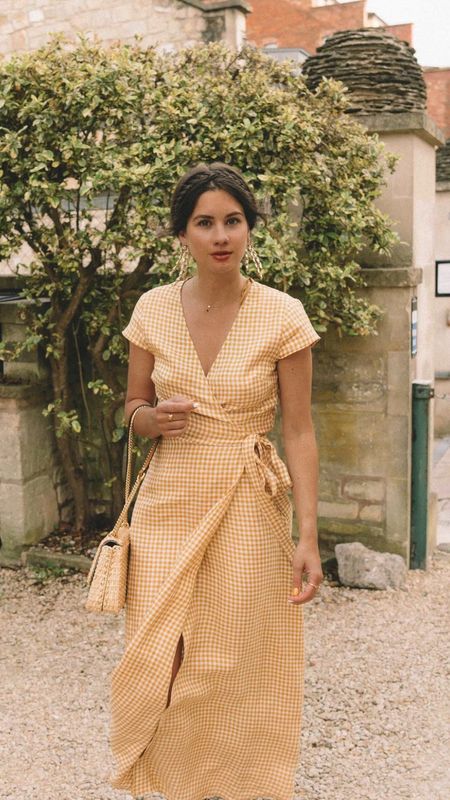GINGHAM LINEN MIDI WRAP DRESS ☀️ Chic Summer Outfit Essentials. Sarah Butler of @sarahchristine wearing yellow gingham dress  

#LTKSeasonal #LTKunder50 #LTKFind