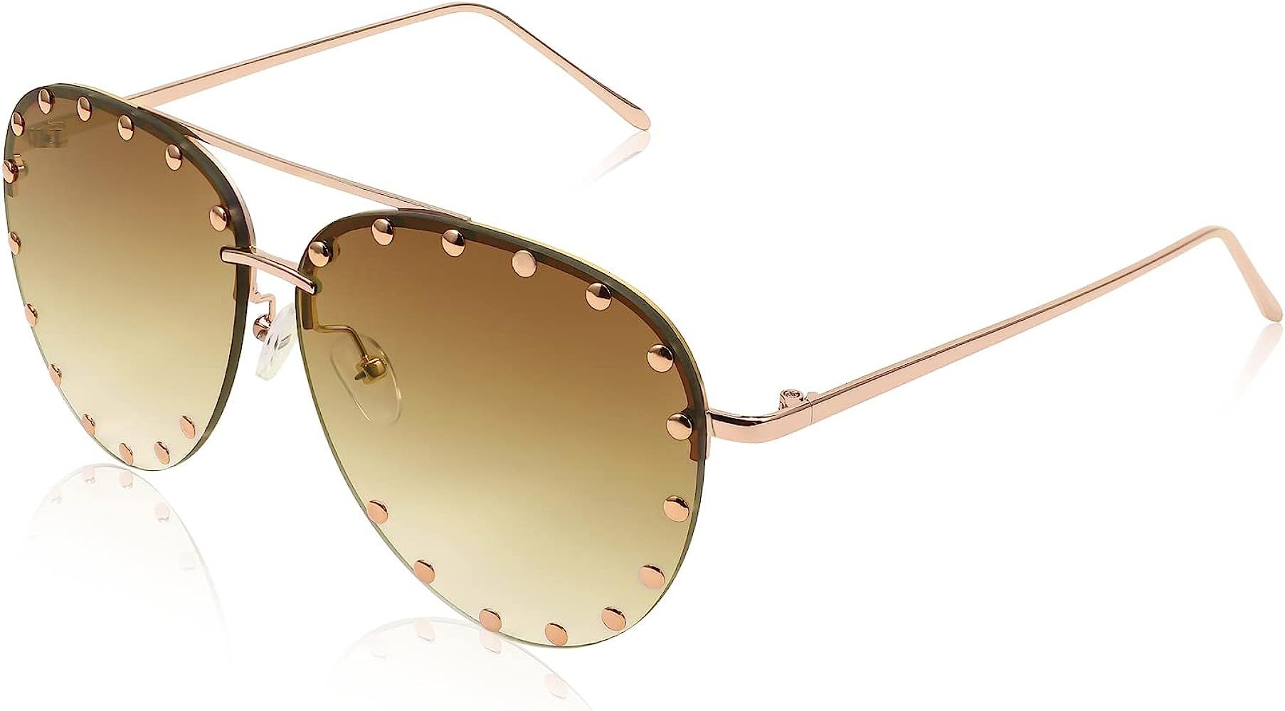 FEISEDY Fashion Oversized Studded Sunglasses for Women Rimless Pilot Sunglasses Shinny Metal Fram... | Amazon (US)