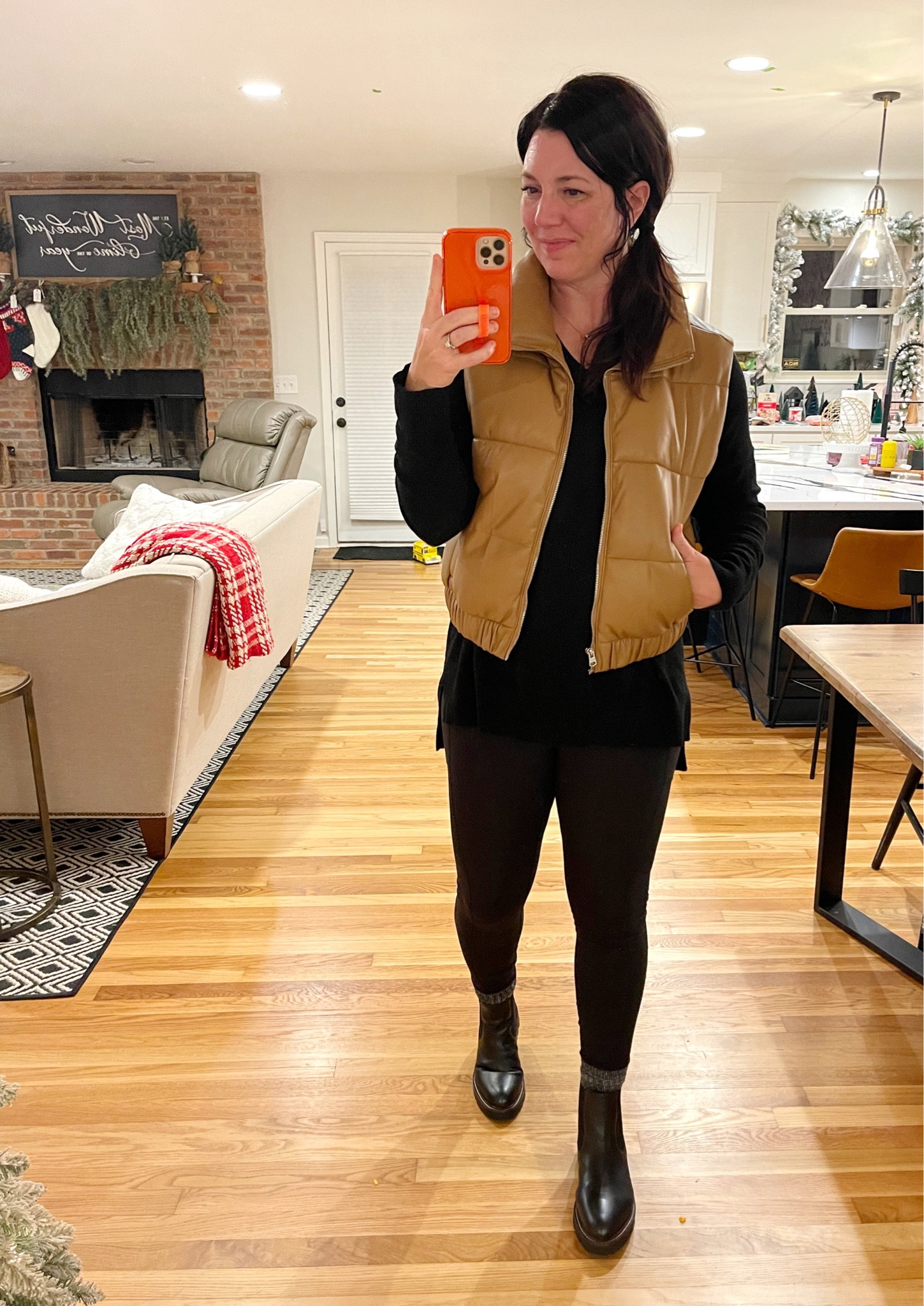 Different day, same Amazon fleece-lined leggings. Also, I have worn this vest way more than I even planned to. The leather is soooo soft. I sized down to a M. Wearing my true size, L, in leggings  

#LTKunder100 #LTKunder50