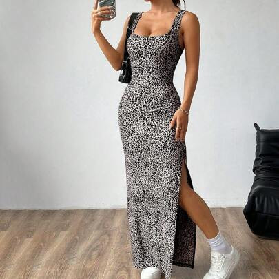 Women Leopard Print Square Neck Sleeveless Split To Thigh Dress Maxi Women Outfit | SHEIN
