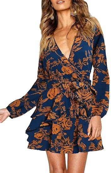 UGUEST Women Long Sleeve V Neck Dress, Floral Mini Cocktail Party Wedding Guest Dress with Belt | Amazon (US)