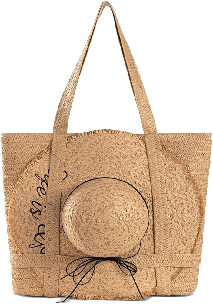 Boho Straw Beach Tote Bag with Zipper for Women, Summer Travel Bag with Hat Holder, Large Woven B... | Amazon (US)