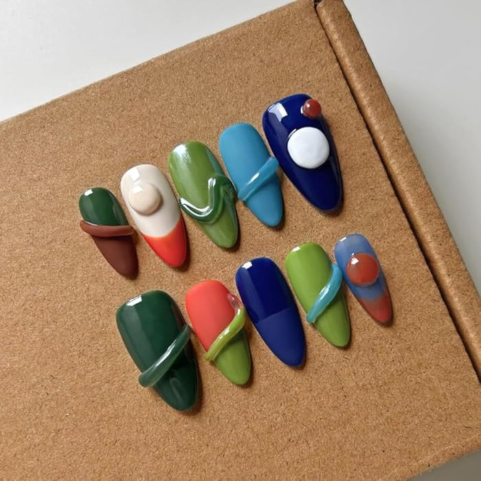 Women Press On Nails - 3D Almond Handmade 10Pcs Unique Fake Nails, Artistic Design, Thick Acrylic... | Amazon (US)