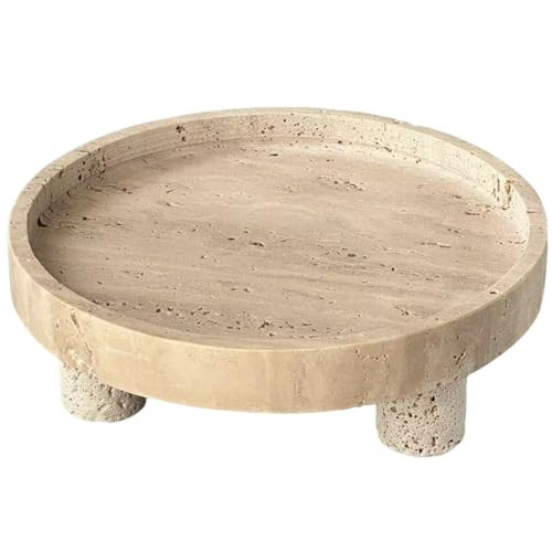 Travertine Round Marble Tray with Footed - Marble Riser for Kitchen Counter, Vanity Trivet Candle Dish Stone Serving Tray, Pedestal Stand for Dining Table or Bathroom (Beige Travertine 10") | Amazon (US)