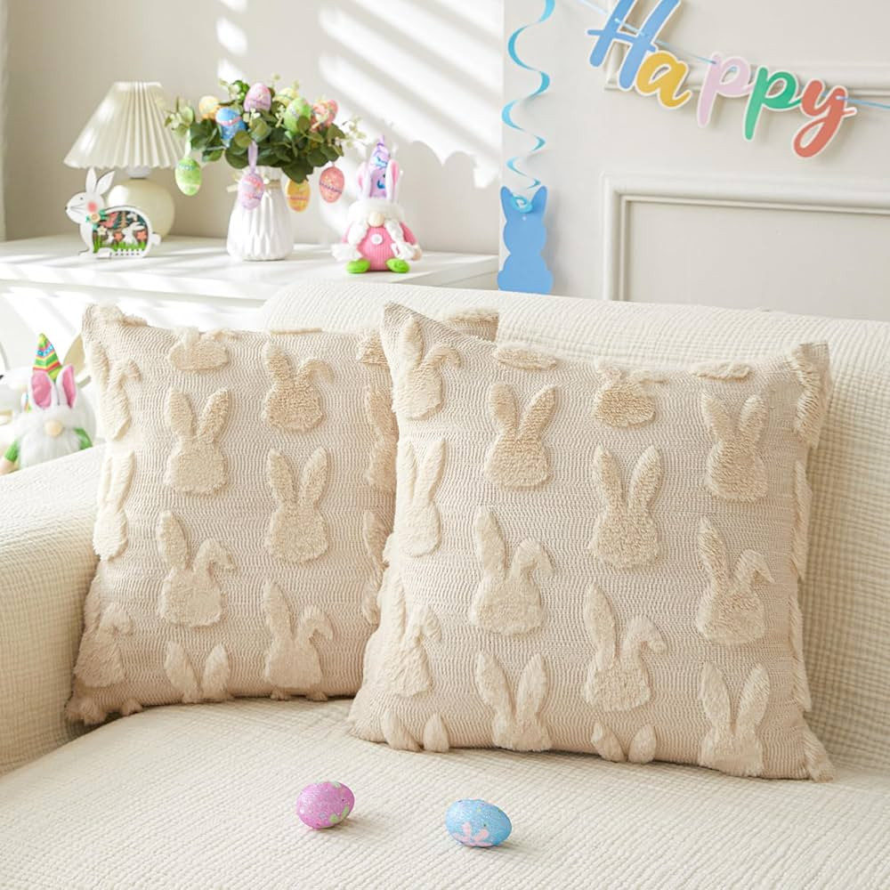 Easter Throw Pillow Covers 18x18 inch Set of 2 for Easter Decorations Beige Bunny Rabbit Soft Plu... | Amazon (US)