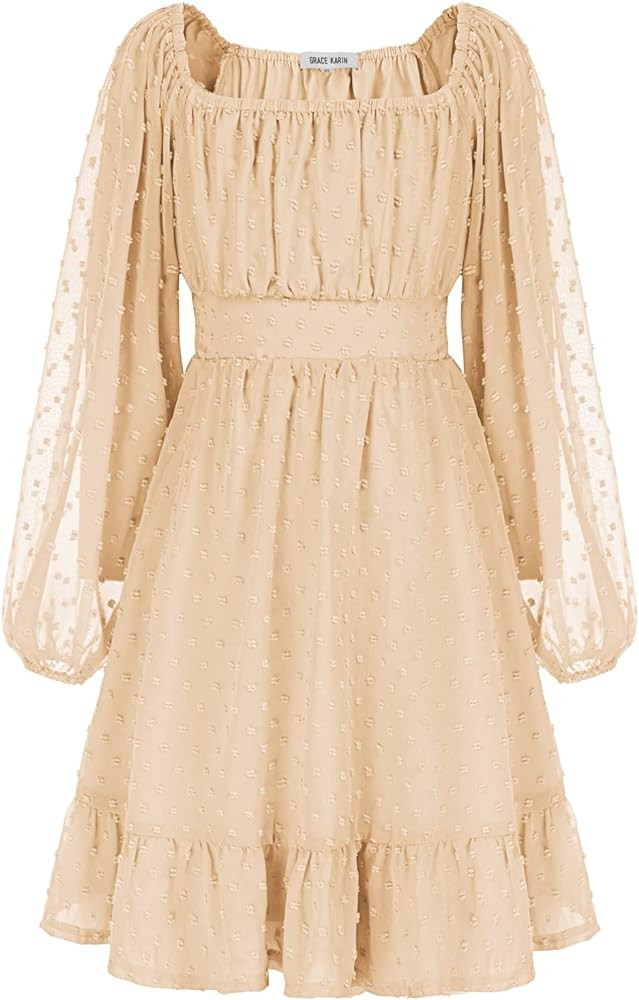 GRACE KARIN Girls Ruffle Tiered Dress Long Sleeve Swiss Dot Flowy A-Line Dress 6-12Y | Amazon (US)
