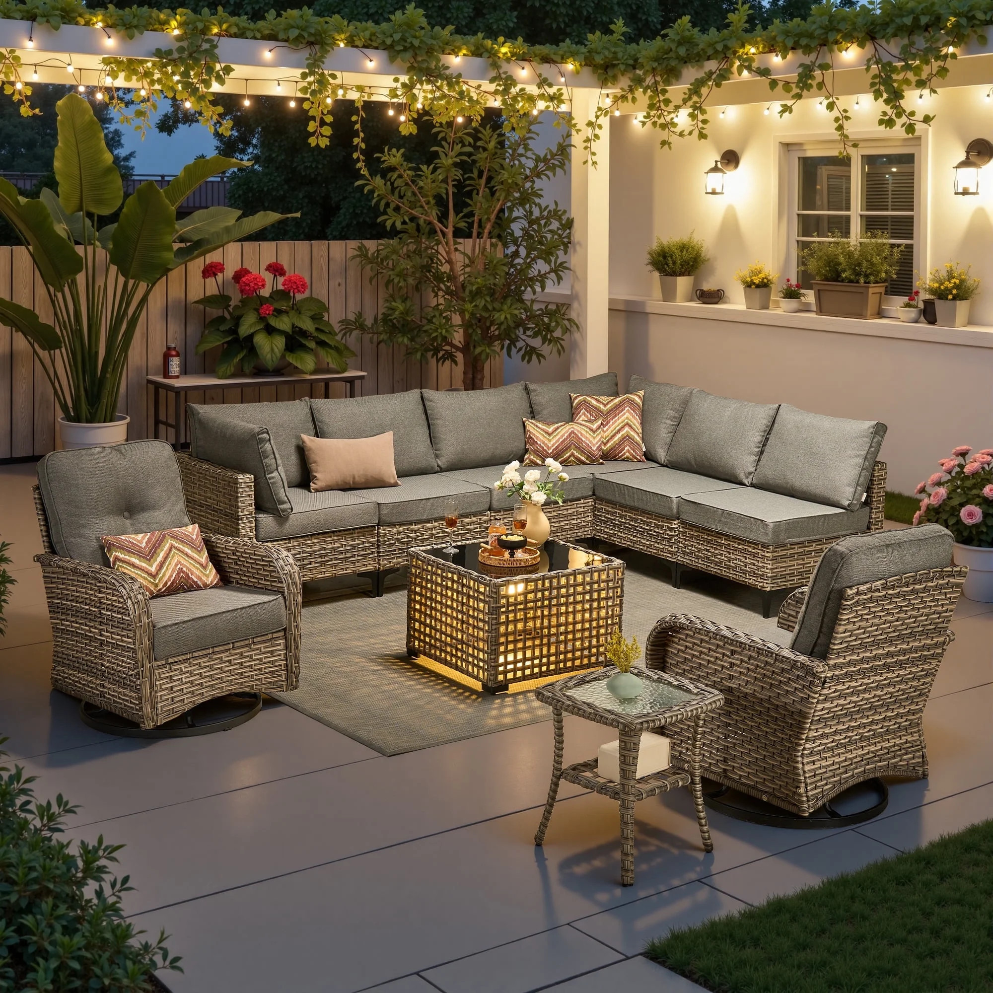 Ovios 10 Pieces Outdoor Patio Furniture All-Weather Wicker Sectional Conversation Set with Swivel... | Walmart (US)