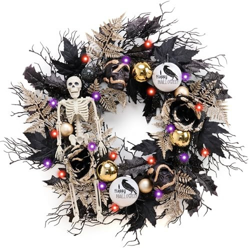 DecorbyHannah 24'' Halloween Front Door Wreath with Lights Skeleton Decor | Amazon (US)