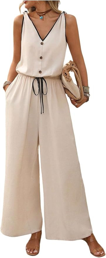 SOLY HUX Women's Summer Sleeveless Jumpsuits V Neck Button High Waisted Romper Trousers Pants | Amazon (US)