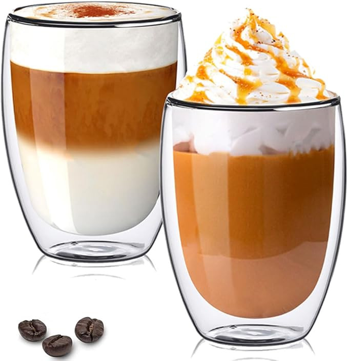 TKNO Double Walled Glass Coffee Mug Cups, Set of 2 Hollow Vacuum Sealed Cappuccino Latte Macchiat... | Amazon (UK)