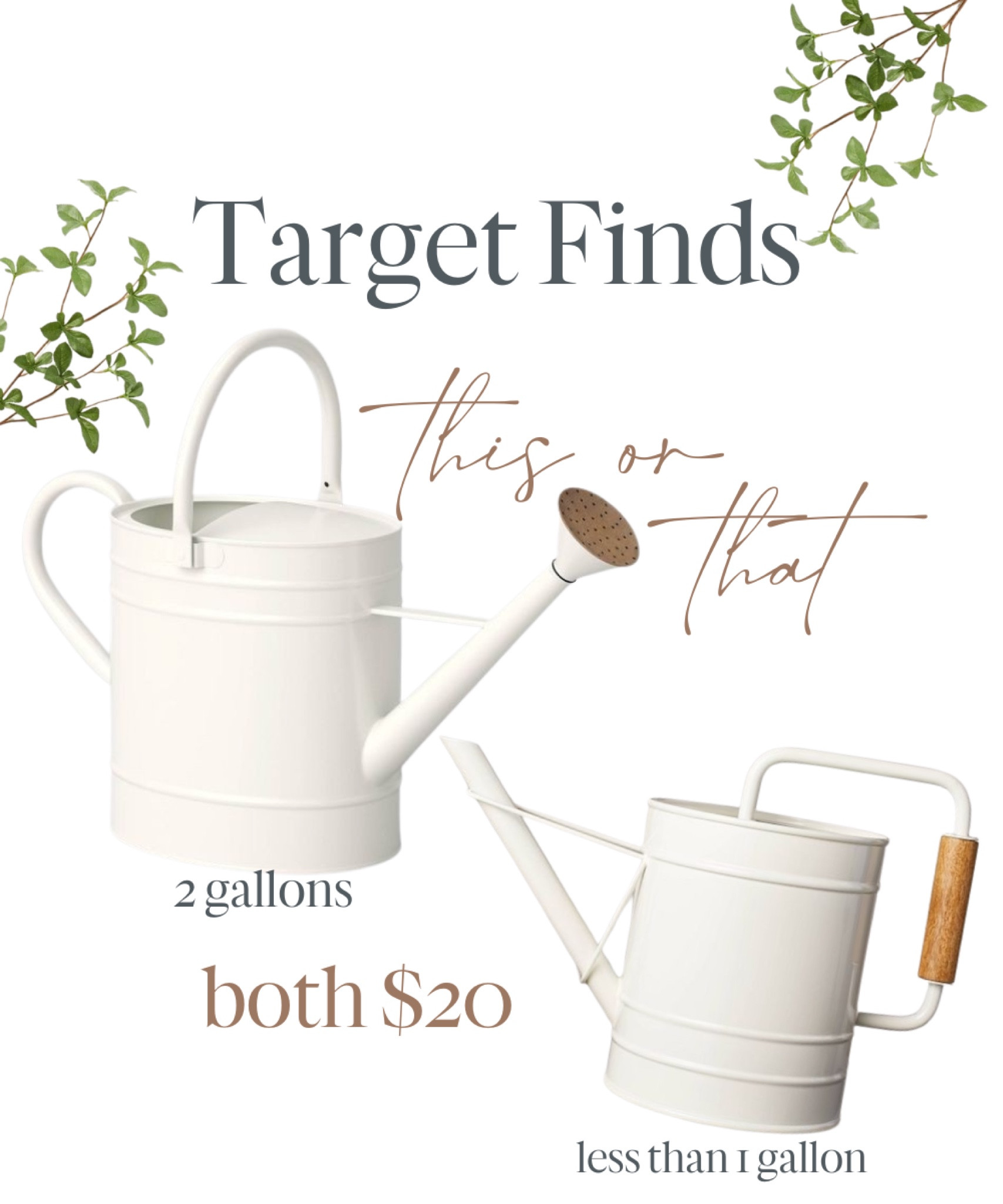 This or that/ Target watering cans. Same price but twice the size! hearth and hand summer finds

#LTKhome #LTKunder50 #LTKSeasonal