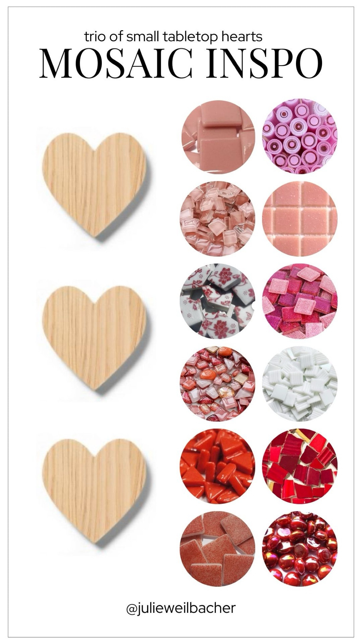 Sharing this trio of fun Valentine’s Day mosaic inspiration. Here are 3 heart substrates which would work well for your mosaic or crafts projects. ❤️ The substrates are thick enough to stand up on a tabletop by themselves, or would look just as cute lying down on a coffee table. ❤️ Mosaic tesserae ideas featured includes pink, red, and white tesserae like glass rods, glass tile, ceramic tile, glass gems, stained glass, and broken ceramic plates. ❤️ Tip: make sure you seal wood substrates before adhering your mosaic artwork. ❤️ For more mosaic tips, tutorials, inspiration and so much more please visit my YouTube channel: YouTube.com/julieweilbacher. Follow @julieweilbacher on Instagram for all things mosaic art. mosaic - Valentine’s Day crafts - heart art - Valentine’s Day gift ideas - crafts night in - wood Valentine’s Day crafts - mosaics - Galentine’s Day gift ideas - gifts for your gal pals - mosaic making - mosaic art

#LTKhome #LTKfindsunder50 #LTKGiftGuide