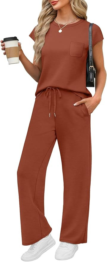 WIHOLL 2 Piece Sets for Women Casual Summer Travel Vacation Outfits Cap Sleeve Lounge Set | Amazon (US)