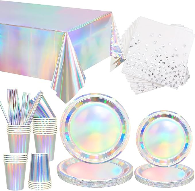 Iridescent Party Decorations, Shiny Birthday Party Tableware Supplies Including Plates, Cup, Napk... | Amazon (CA)
