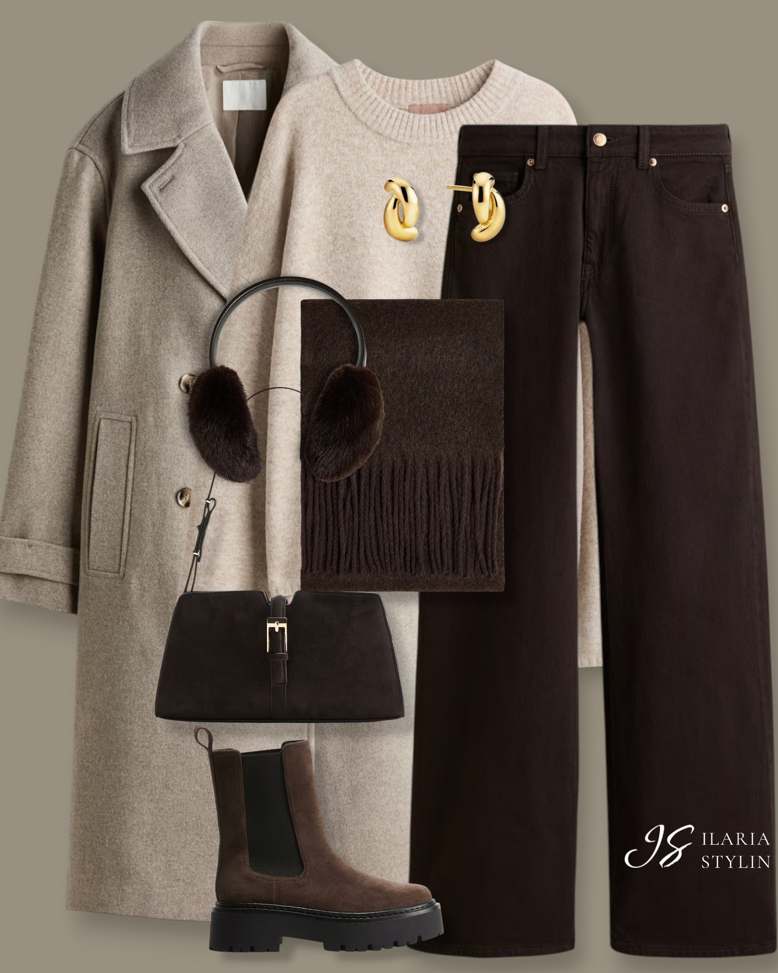 OUTFIT IDEAS: BEIGE & BROWN 🤎winter outfit, taupe coat, double-breasted coat, beige sweater, fine-knit sweater, brown jeans pants, wide leg jeans, brown earmuffs, brown scarf, dark brown bag, suede bag, brown boots, suede boots, chunky boots, chelsea boots, casual outfit, casual chic outfit

#LTKootd #LTKSeasonal #LTKFindsUnder100