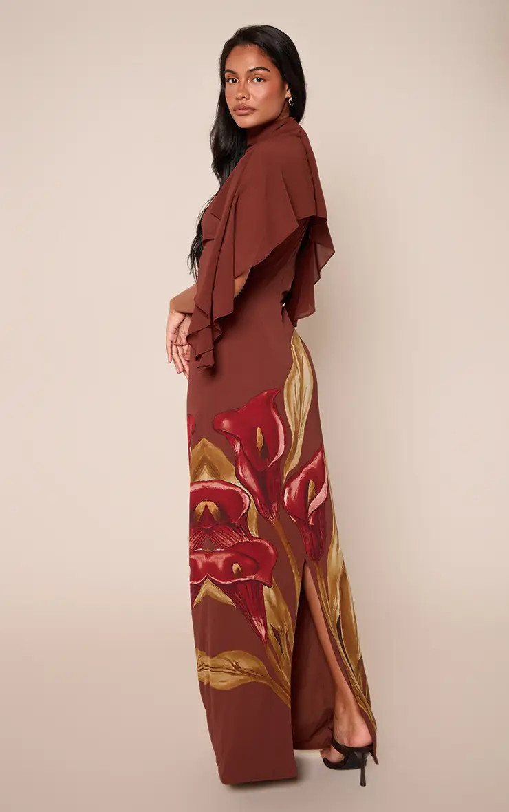 Brown Floral Printed Chiffon Cape Overlay Maxi Dress | PrettyLittleThing UK