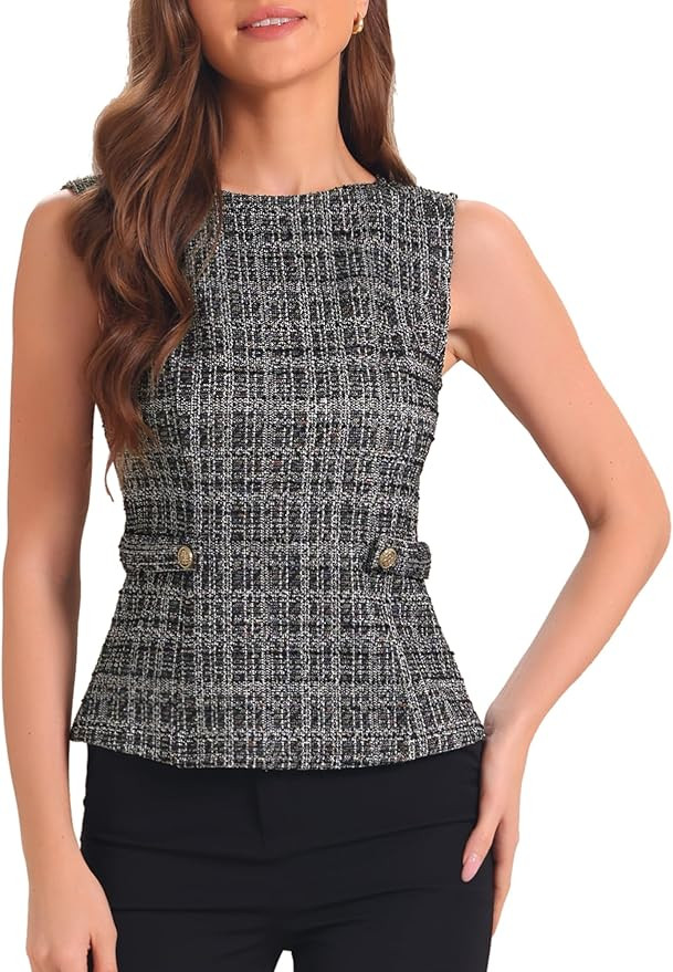 Allegra K Tweed Top for Women Elegant Sleeveless Crew Neck Business Casual Blazer Vest Tops | Amazon (US)