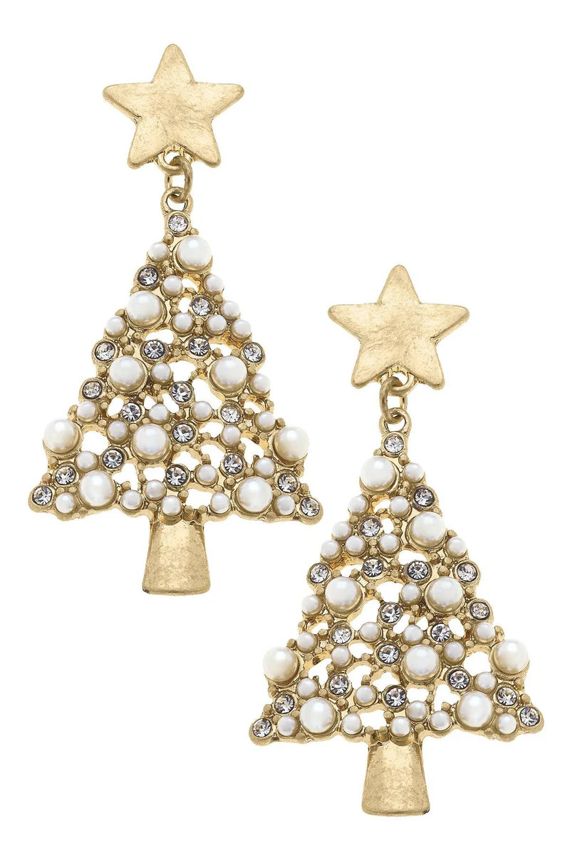 White Christmas Pearl Studded Enamel Christmas Tree Earrings in Ivory | CANVAS