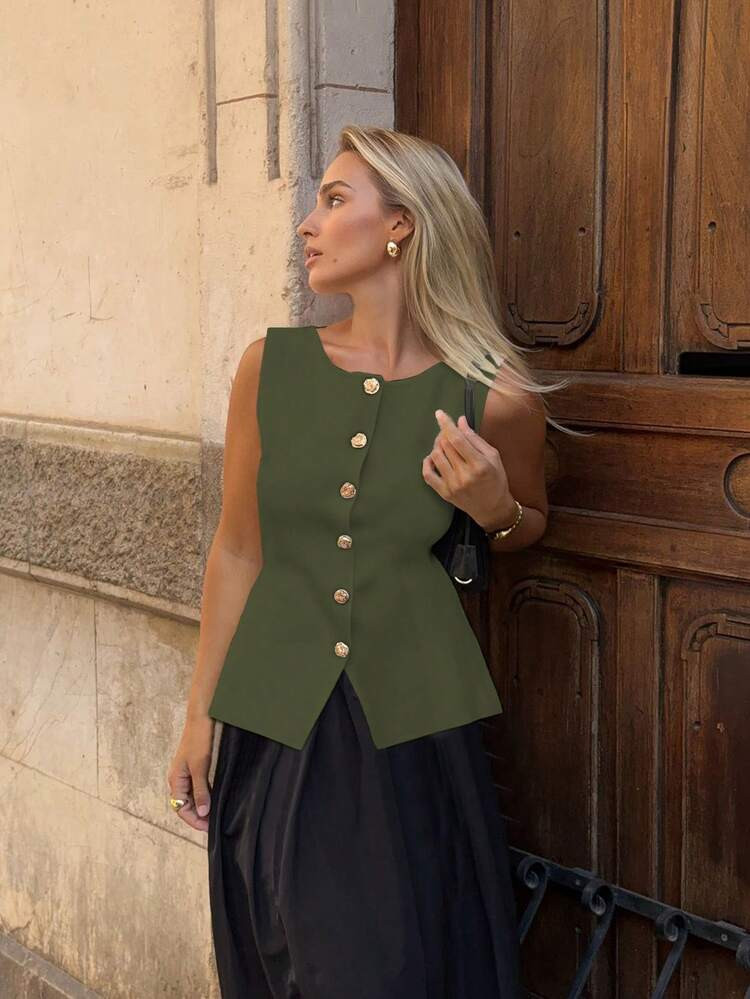 Elegant  Metal  Button  Sleeveless  Sweater  | SHEIN