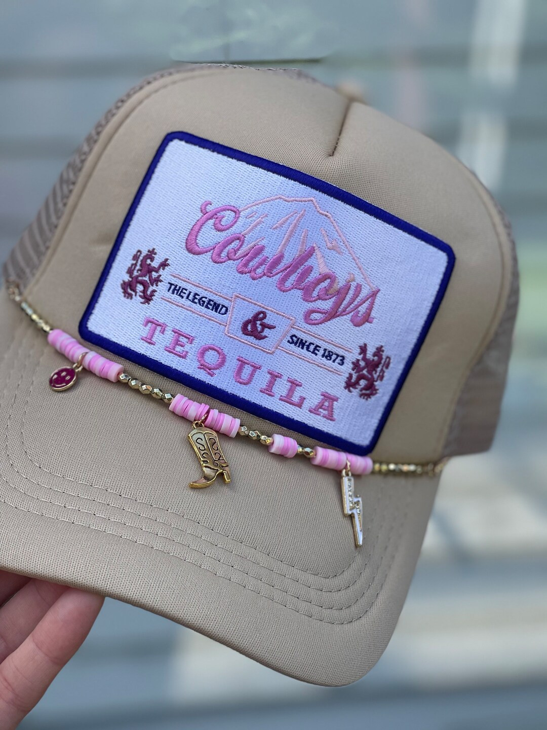 Tan Pink Gold Cowboys and Tequila Patch Trucker Hat Western Hat Chain - Etsy | Etsy (US)