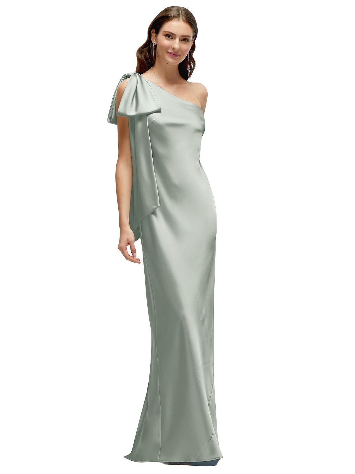 One-Shoulder Bias-Cut Satin Maxi Dress with Cascading Shoulder Bow in Willow Green | Dessy Group