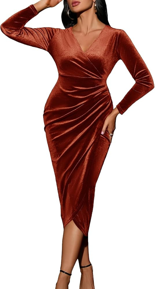 CYCLAMEN Wrap Ruched Velvet Dress V Neck Plus Size Long Sleeves Bodycon Midi Elegant Party Weddin... | Amazon (US)