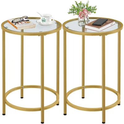 Gold Side Table Set Of 2, Round End Tables Tall Nightstand Bedside Table Set W/Glass Top & Metal Frame , Easy Assembly, Modern Style, Mustard Gold | Wayfair North America