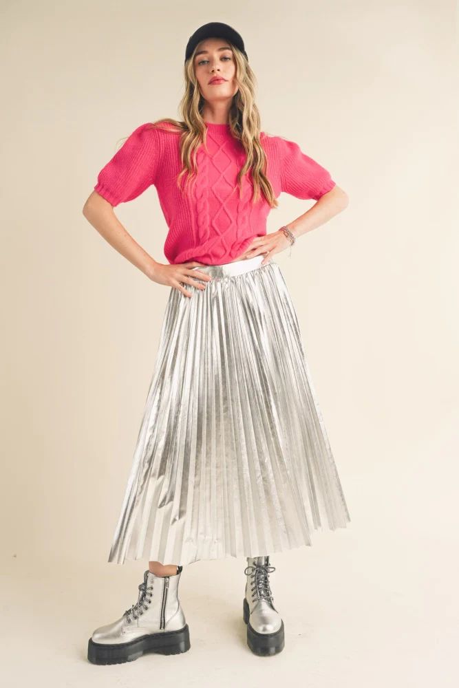 Silver Metallic Pleated Midi Skirt | PinkBlush Maternity