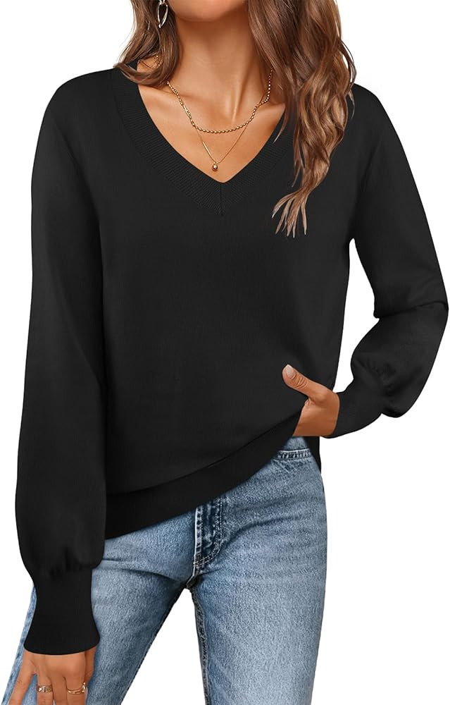 MEROKEETY Women's 2024 Fall Long Sleeve V Neck Tops Casual Lightweight Knit Pullover Sweater Shir... | Amazon (US)