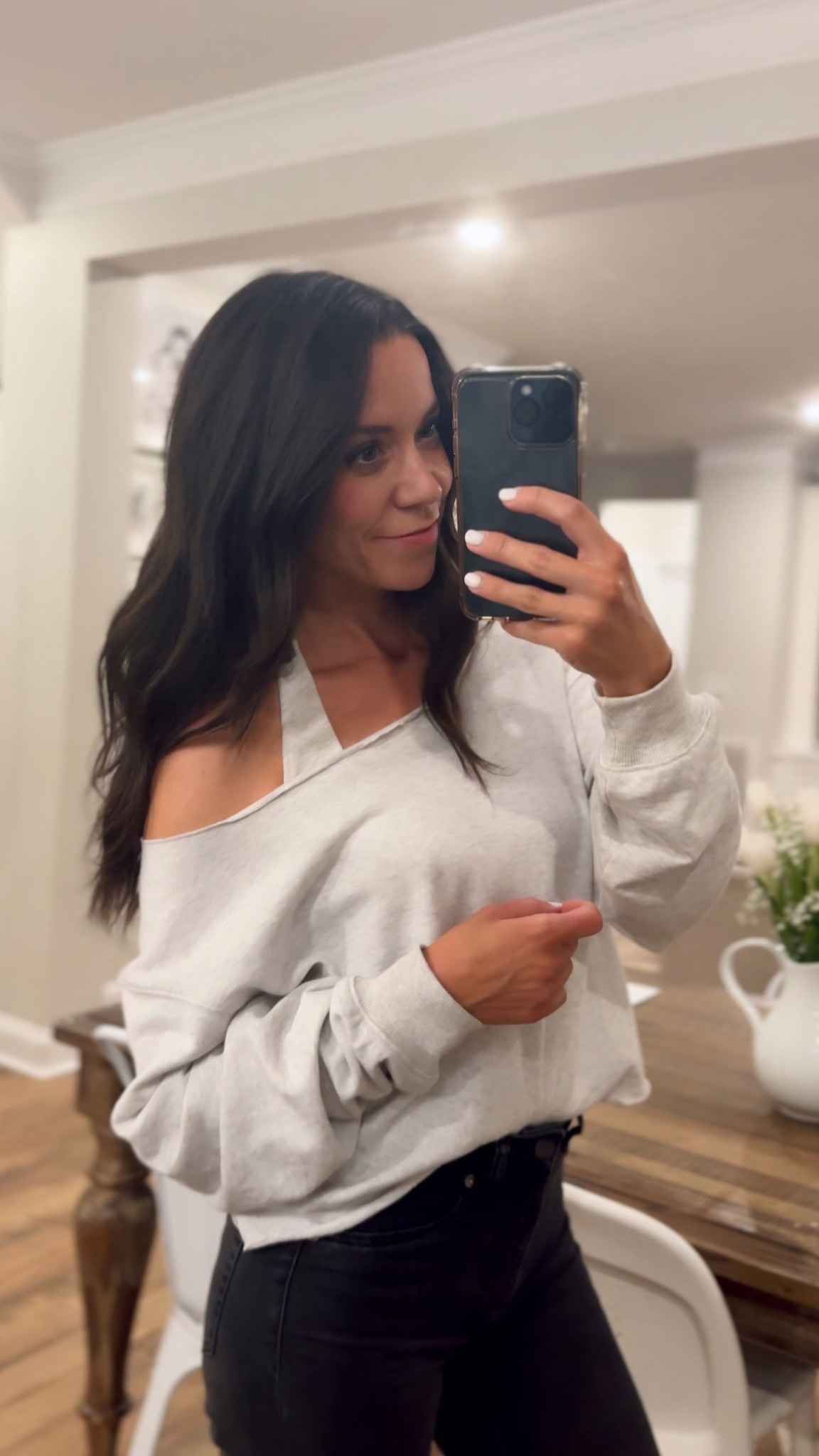 Give me all the  comfy fits please. 😅✌🏻These are the H&M jeans I have in there washes because they’re so good. Perfect mix of stretch and structure.

LOVING this off the shoulder sweatshirt from Target it’s so soft and a great length. 
Have a super soft  top on underneath in grey that ties at neck.

Also my fake tan helped my mood so much haha- linking my favorite one! 