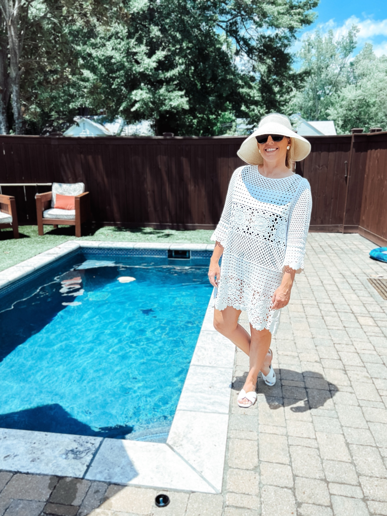 Crochet white swim cover up  bathing suit swimsuit beachwear beach hat white slide sandals  

#LTKunder100 #LTKunder50 #LTKswim