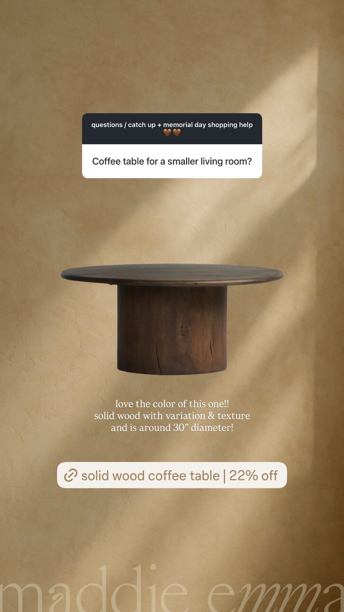 love the color of this one!! 
solid wood with variation & texture and is around 30” diameter!