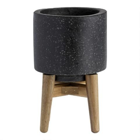 Black Terrazzo Planter With Mango Wood Stand | World Market