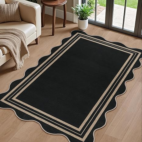Scalloped Easy Jute 3x5 Outdoor Rug, Washable Rugs for Entryway Black Front Door Mat, Farmhouse N... | Amazon (US)