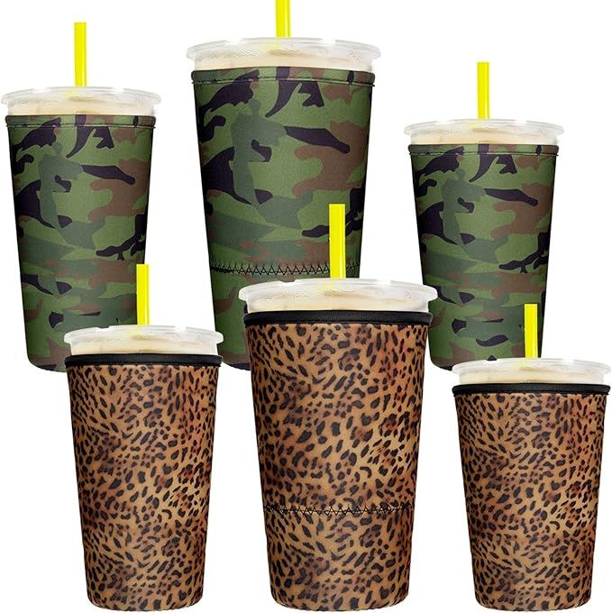 6 Pieces Reusable Iced Coffee Sleeve Neoprene Insulator Cup Cover Green Camo Leopard Print Coffee... | Amazon (US)